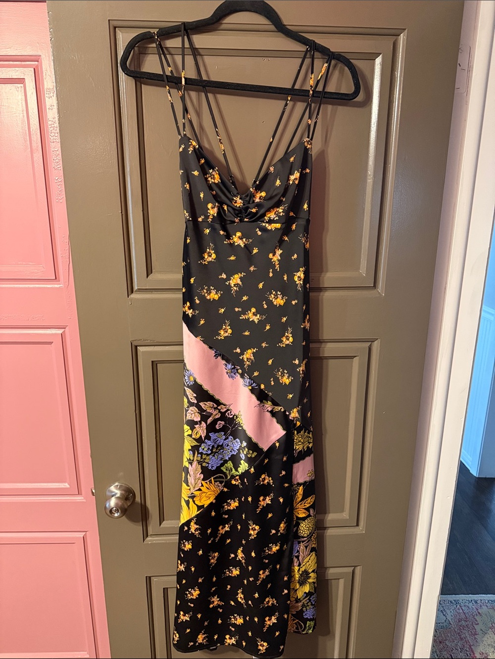 Urban Outfitters Black Floral Midi Slip Dress with Pink Panel